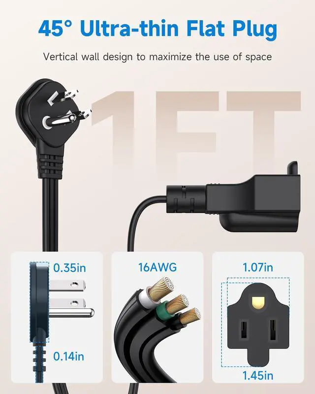 Alt view image 7 of 7 - Flat Plug 1Ft Short Extension Cord, 90-Degree Plug Low Profile Power Adapter, 3-Prong Indoor Grounded Small Extension Cord Black 16AWG 13A 1625W 4 Pack