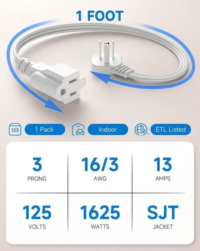 Alt view image 3 of 7 - Flat Plug 3-Prong Short Extension Cord 1Ft White 1-Pack 16AWG 13A 1625W