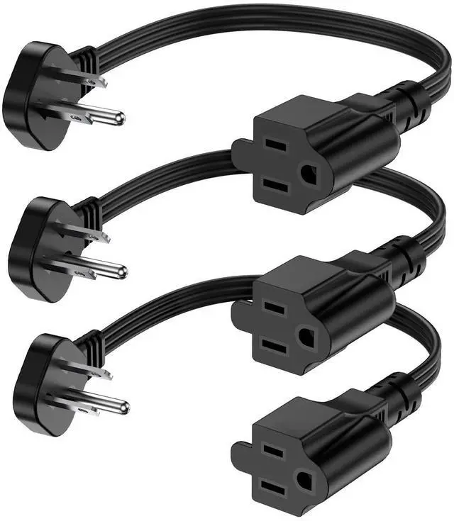 Main image of Flat Plug 3-Prong Short Extension Cord 1Ft Black 3-Pack 16AWG 13A 1625W