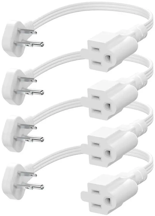 Main image of Flat Plug 3-Prong Short Extension Cord 1Ft White 4-Pack 16AWG 13A 1625W