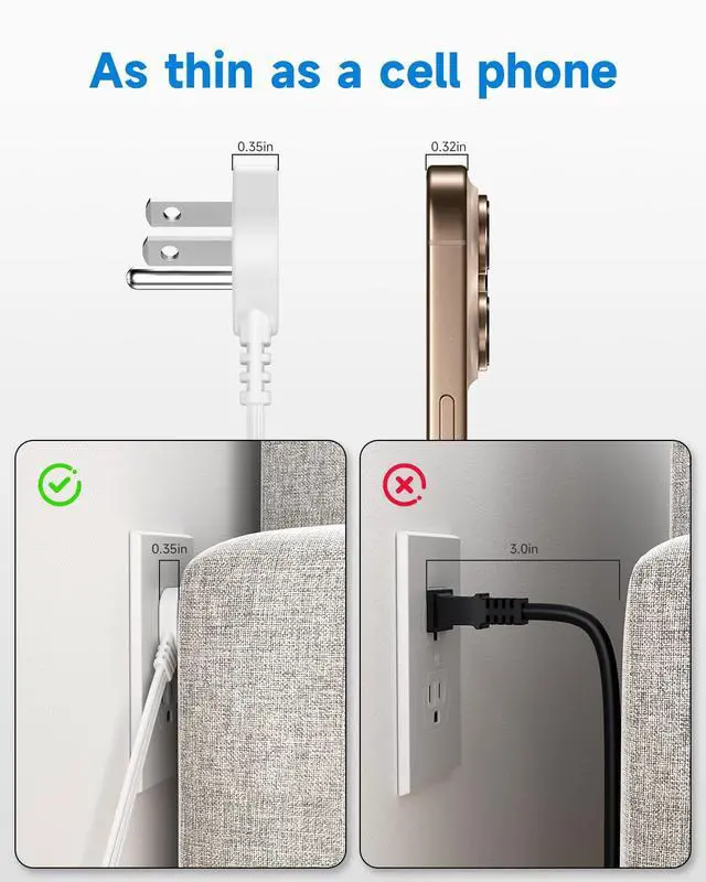 Alt view image 4 of 7 - Flat Plug 3-Prong Short Extension Cord 1Ft White 1-Pack 16AWG 13A 1625W