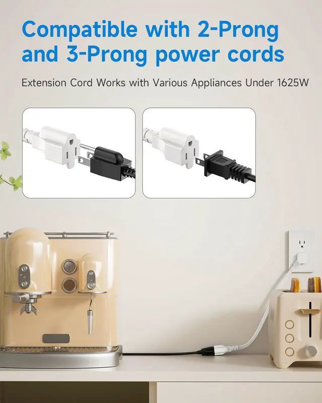 Alt view image 6 of 7 - Flat Plug 3-Prong Short Extension Cord 1Ft White 1-Pack 16AWG 13A 1625W