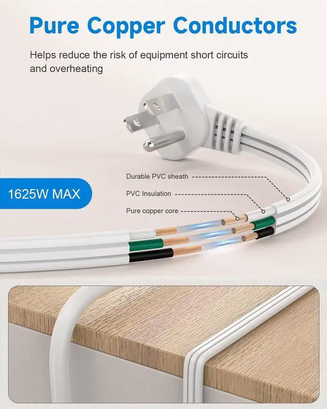 Alt view image 7 of 7 - Flat Plug 3-Prong Short Extension Cord 1Ft White 1-Pack 16AWG 13A 1625W