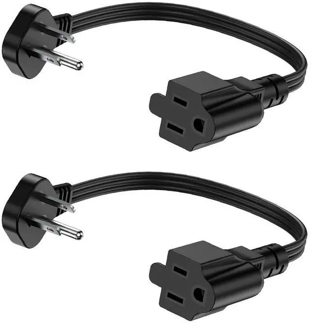 Main image of Flat Plug 3-Prong Short Extension Cord 1Ft Black 2-Pack 16AWG 13A 1625W