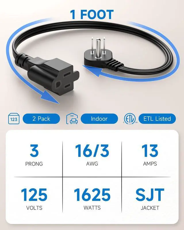 Alt view image 3 of 7 - Flat Plug 3-Prong Short Extension Cord 1Ft Black 2-Pack 16AWG 13A 1625W