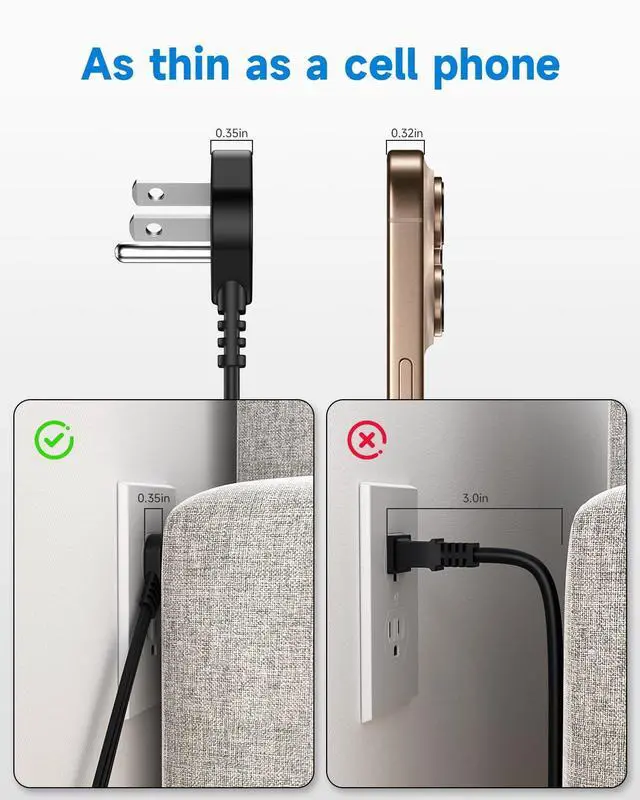 Alt view image 4 of 7 - Flat Plug 3-Prong Short Extension Cord 1Ft Black 1-Pack 16AWG 13A 1625W
