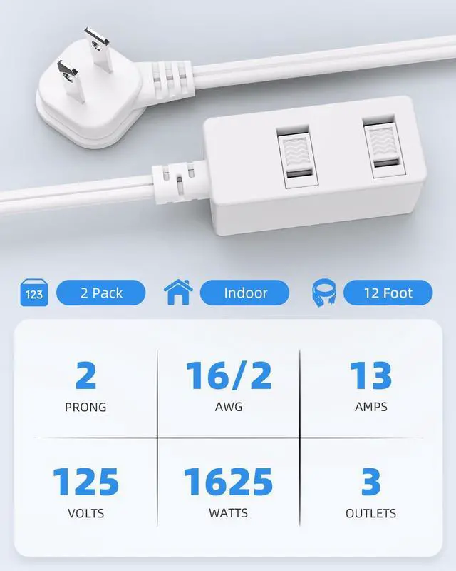 Alt view image 2 of 7 - Flat Plug Extension Cord 2-Packs 12Ft White - 2-Prong Power Strip with 3 Polarized Outlets & Tamper Guard, 16/2 AWG 13A/1625W