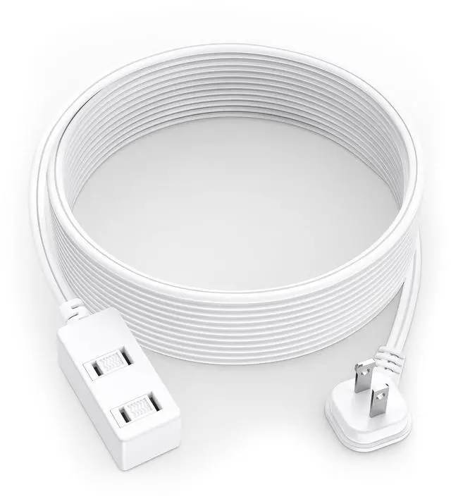Main image of Flat Plug Extension Cord 15Ft White - 2-Prong Power Strip with 3 Polarized Outlets & Tamper Guard, 16/2 AWG 13A/1625W