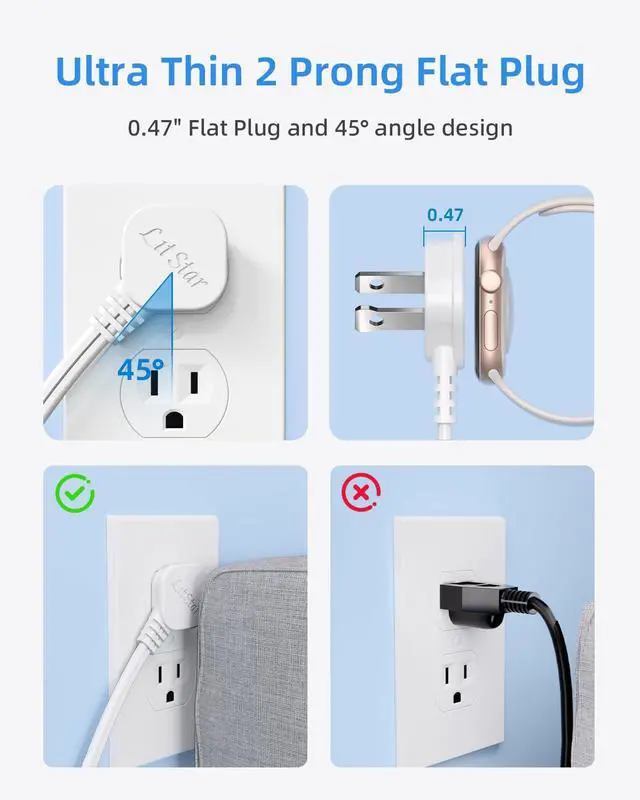 Alt view image 3 of 7 - 2-Pack Flat Plug Extension Cord - 3 Ft White 2-Prong Power Strip with 3 Polarized Outlets & Tamper Guard, 16/2 AWG 13A/1625W