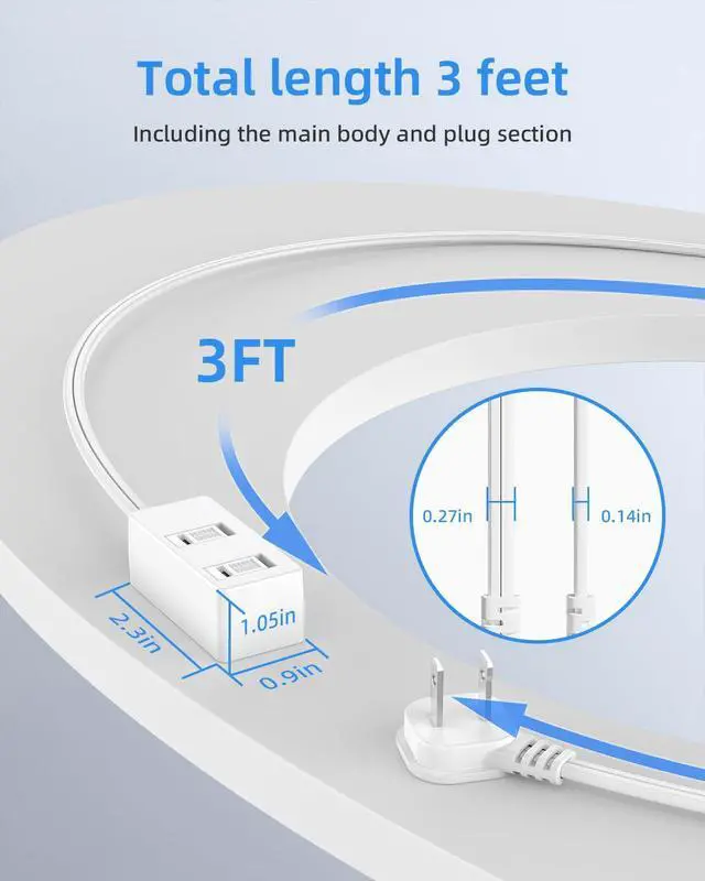 Alt view image 6 of 7 - 2-Pack Flat Plug Extension Cord - 3 Ft White 2-Prong Power Strip with 3 Polarized Outlets & Tamper Guard, 16/2 AWG 13A/1625W
