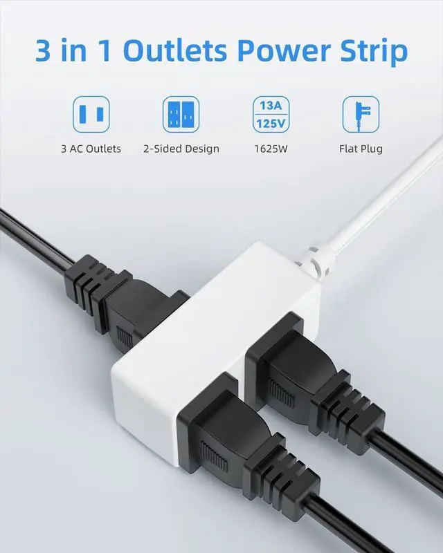 Alt view image 2 of 7 - 2-Pack Flat Plug Extension Cord - 3 Ft White 2-Prong Power Strip with 3 Polarized Outlets & Tamper Guard, 16/2 AWG 13A/1625W