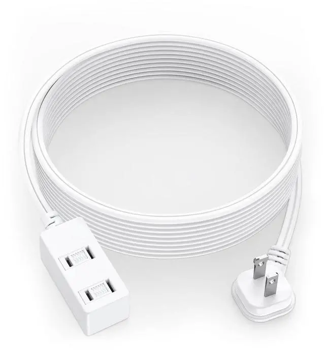 Main image of Flat Plug Extension Cord 12Ft White - 2-Prong Power Strip with 3 Polarized Outlets & Tamper Guard, 16/2 AWG 13A/1625W