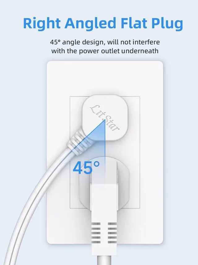 Alt view image 3 of 7 - Flat Plug Extension Cord 15Ft White - 2-Prong Power Strip with 3 Polarized Outlets & Tamper Guard, 16/2 AWG 13A/1625W