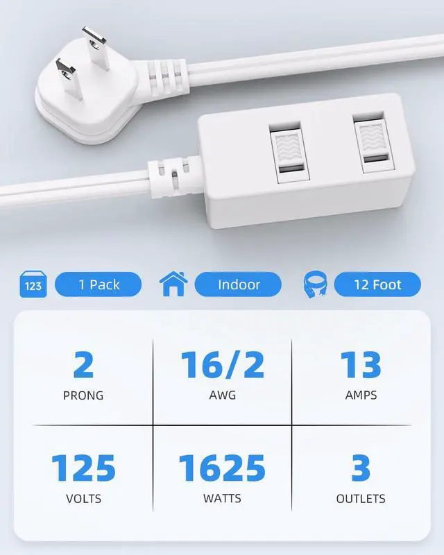Alt view image 2 of 7 - Flat Plug Extension Cord 12Ft White - 2-Prong Power Strip with 3 Polarized Outlets & Tamper Guard, 16/2 AWG 13A/1625W