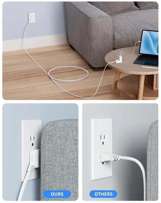 Alt view image 4 of 7 - Flat Plug Extension Cord 15Ft White - 2-Prong Power Strip with 3 Polarized Outlets & Tamper Guard, 16/2 AWG 13A/1625W