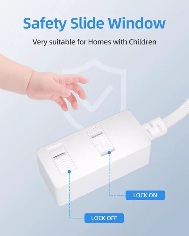 Alt view image 5 of 7 - Flat Plug Extension Cord 15Ft White - 2-Prong Power Strip with 3 Polarized Outlets & Tamper Guard, 16/2 AWG 13A/1625W
