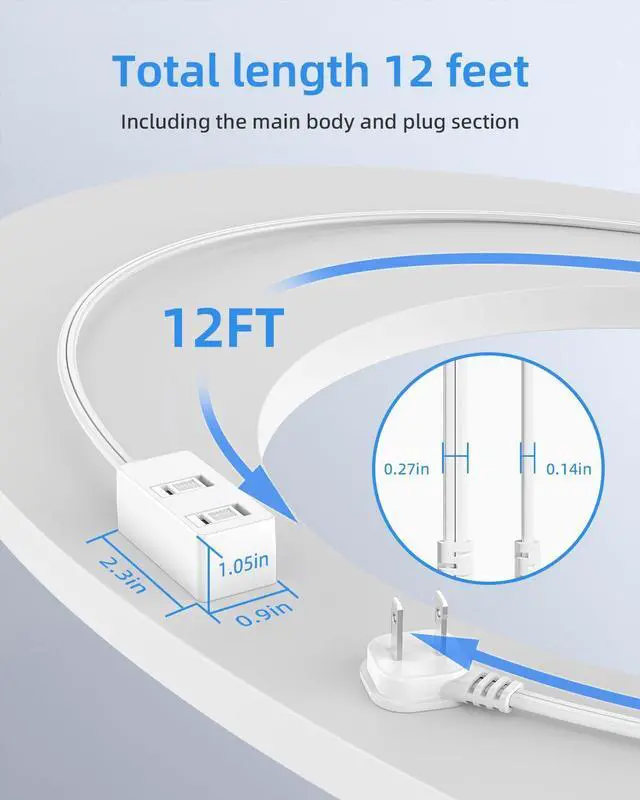 Alt view image 6 of 7 - Flat Plug Extension Cord 12Ft White - 2-Prong Power Strip with 3 Polarized Outlets & Tamper Guard, 16/2 AWG 13A/1625W