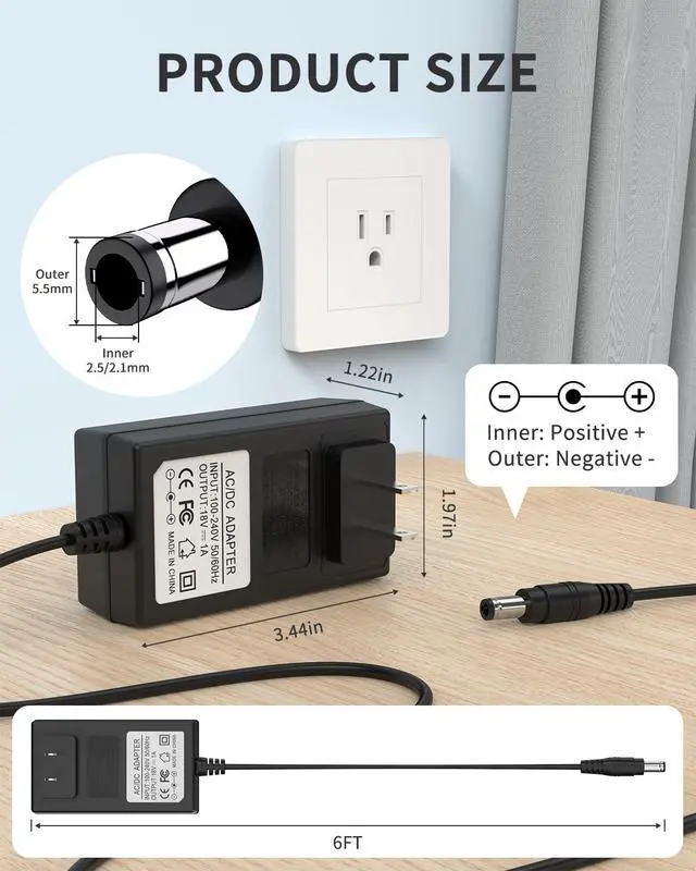 Alt view image 4 of 7 - 18V 1A AC DC Power Supply Adapter, US Wall Charger, DC Plug 5.5x2.1mm & 2.5mm Compatible with for 18volt (0.1A 0.15A 0.2A 0.25A 0.3A 0.4A 0.5A 0.6A 0.7A 0.8A 0.9A) 100mA~1000mA Equipment