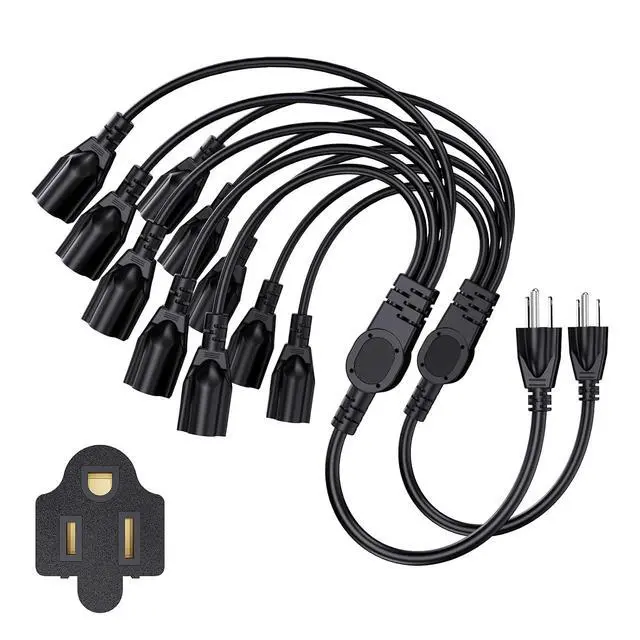 Main image of Extension Cord with 1 to 5 Splitter 16 AWG 13A 1625W 20 Inch Black 2 Pack | Outdoor Y-Style SJTW Cord NEMA 5-15P to 5-15R