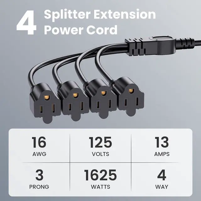 Alt view image 2 of 6 - Extension Cord with 1 to 4 Splitter 16 AWG 13A 1625W 20 Inch Black 2 Pack | Outdoor Y-Style SJTW Cord NEMA 5-15P to 5-15R