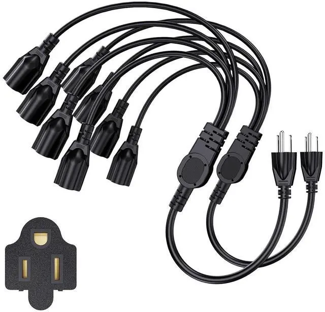Main image of Extension Cord with 1 to 4 Splitter 16 AWG 13A 1625W 20 Inch Black 2 Pack | Outdoor Y-Style SJTW Cord NEMA 5-15P to 5-15R