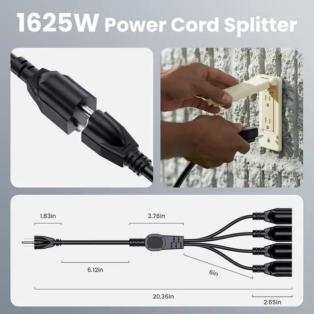 Alt view image 4 of 6 - Extension Cord with 1 to 4 Splitter 16 AWG 13A 1625W 20 Inch Black 2 Pack | Outdoor Y-Style SJTW Cord NEMA 5-15P to 5-15R