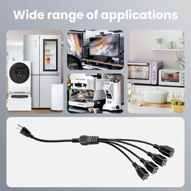 Alt view image 5 of 6 - Extension Cord with 1 to 4 Splitter 16 AWG 13A 1625W 20 Inch Black 2 Pack | Outdoor Y-Style SJTW Cord NEMA 5-15P to 5-15R