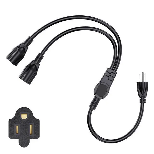 Main image of Extension Cord with 1 to 2 Splitter 16 AWG 13A 125V 1 Foot Black 1 Pack | Outdoor Y-Style SJTW Cord NEMA 5-15P to 5-15R
