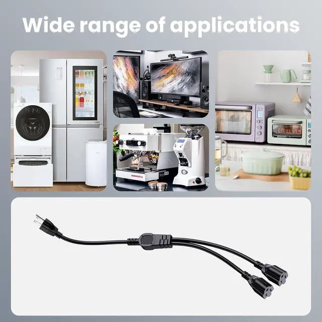 Alt view image 5 of 6 - Extension Cord with 1 to 2 Splitter 16 AWG 13A 125V 1 Foot Black 1 Pack | Outdoor Y-Style SJTW Cord NEMA 5-15P to 5-15R