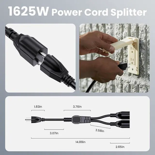 Alt view image 4 of 6 - Extension Cord with 1 to 2 Splitter 16 AWG 13A 125V 1 Foot Black 1 Pack | Outdoor Y-Style SJTW Cord NEMA 5-15P to 5-15R