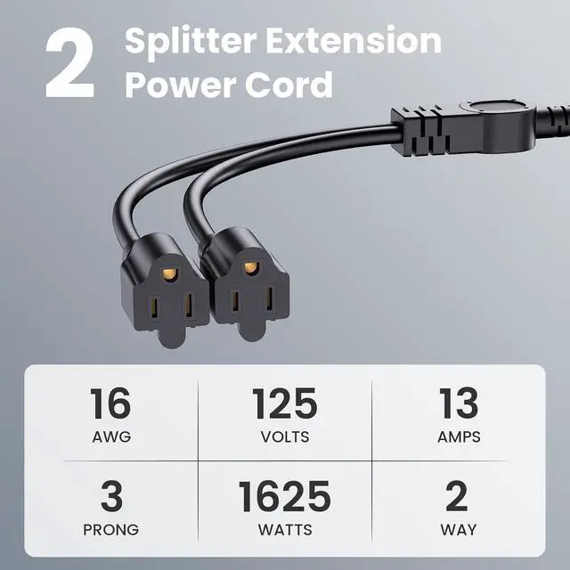 Alt view image 2 of 6 - Extension Cord with 1 to 2 Splitter 16 AWG 13A 125V 1 Foot Black 1 Pack | Outdoor Y-Style SJTW Cord NEMA 5-15P to 5-15R