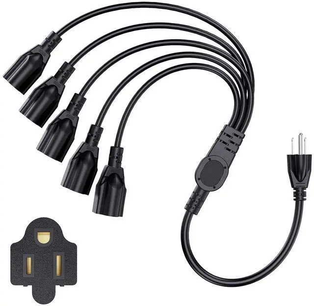 Main image of Extension Cord with 1 to 5 Splitter 16 AWG 13A 1625W 20 Inch Black 1 Pack | Outdoor Y-Style SJTW Cord NEMA 5-15P to 5-15R