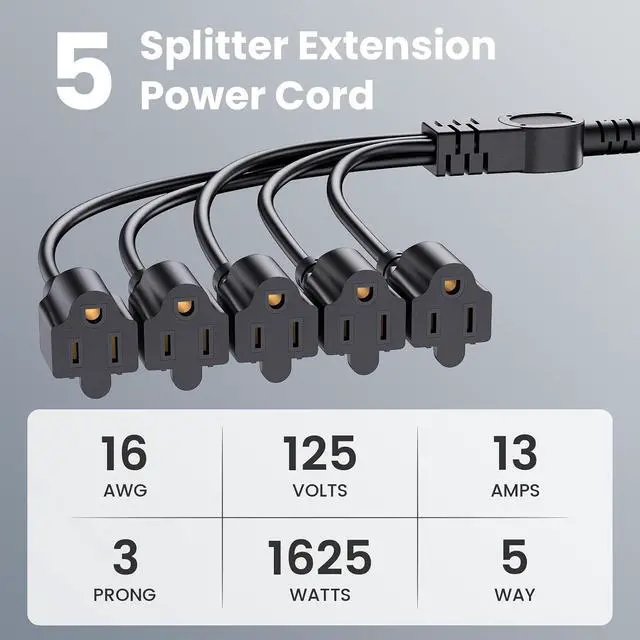 Alt view image 2 of 7 - Extension Cord with 1 to 5 Splitter 16 AWG 13A 1625W 20 Inch Black 2 Pack | Outdoor Y-Style SJTW Cord NEMA 5-15P to 5-15R