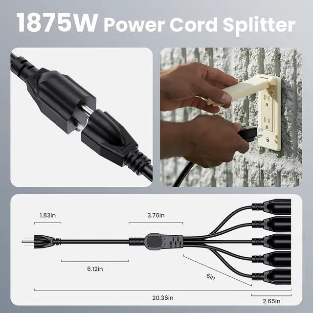 Alt view image 4 of 7 - Extension Cord with 1 to 5 Splitter 16 AWG 13A 1625W 20 Inch Black 2 Pack | Outdoor Y-Style SJTW Cord NEMA 5-15P to 5-15R