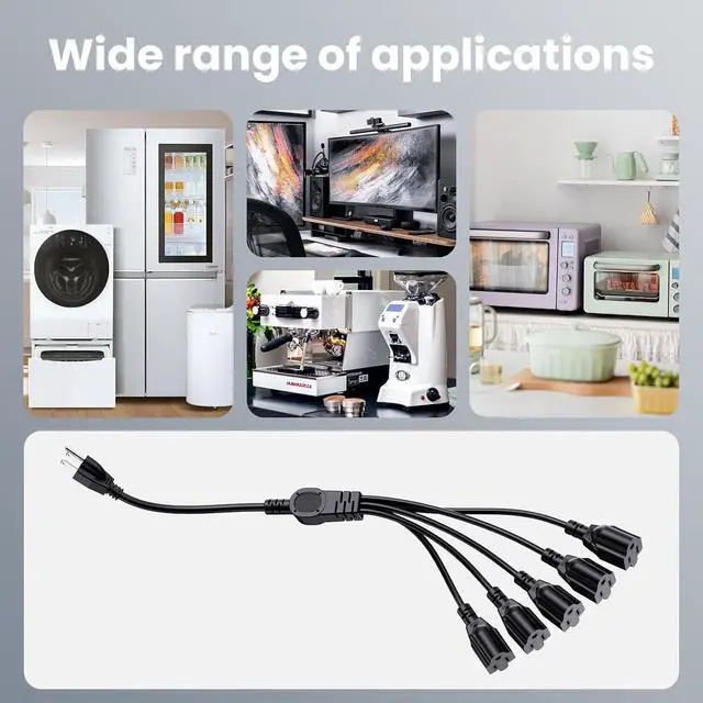 Alt view image 6 of 7 - Extension Cord with 1 to 5 Splitter 16 AWG 13A 1625W 20 Inch Black 2 Pack | Outdoor Y-Style SJTW Cord NEMA 5-15P to 5-15R