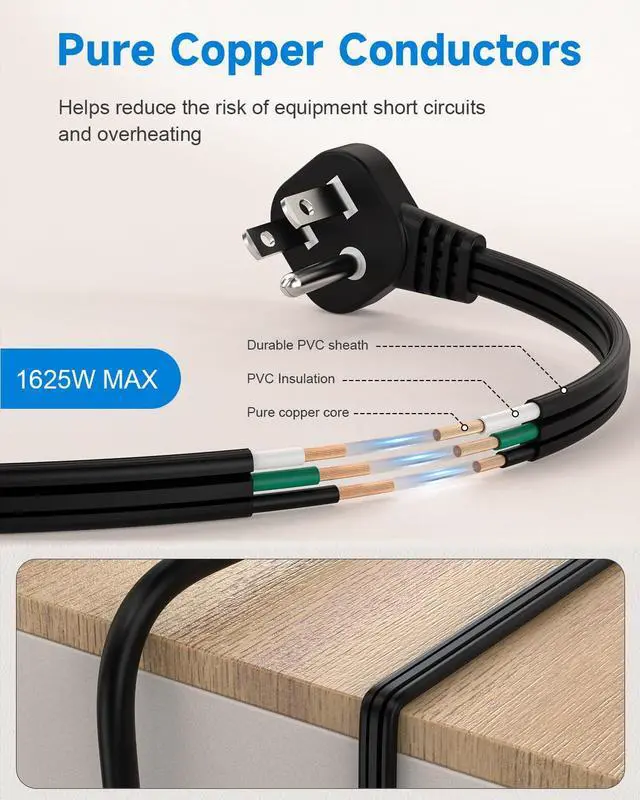 Alt view image 7 of 7 - Flat Plug 3-Prong Short Extension Cord 1Ft Black 1-Pack 16AWG 13A 1625W