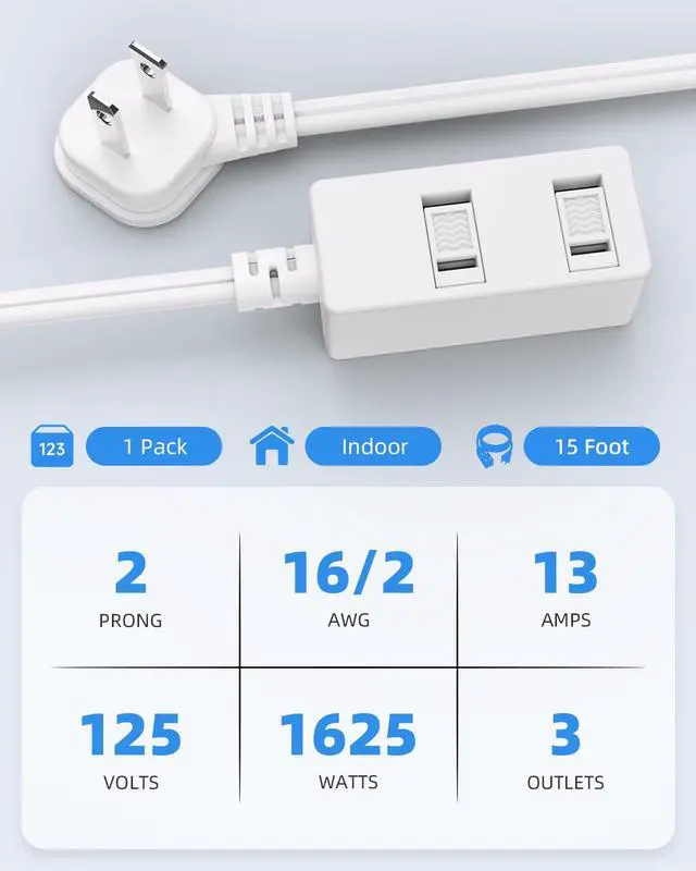 Alt view image 2 of 7 - Flat Plug Extension Cord 15Ft White - 2-Prong Power Strip with 3 Polarized Outlets & Tamper Guard, 16/2 AWG 13A/1625W