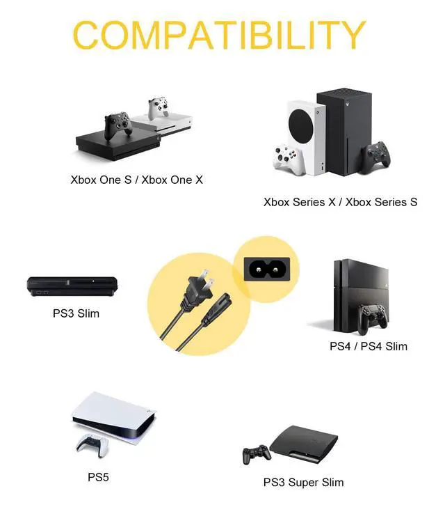 Alt view image 3 of 6 - 2 Prong AC Power Cord for Xbox Series X/S One S/X PS5 PS4 PS3 Slim, 6 Ft