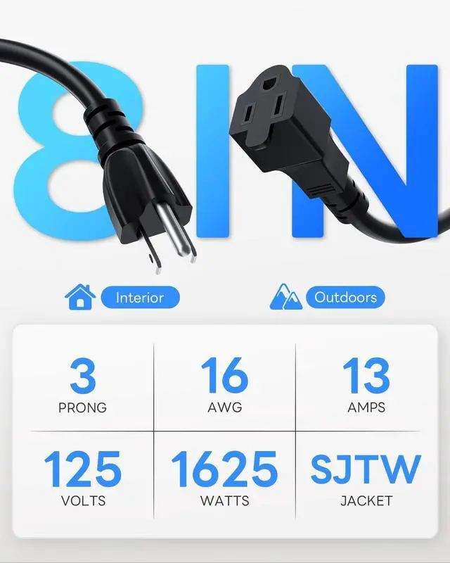 Alt view image 2 of 7 - 8Inch Short 3 Prong Extension Cord - 16/3 16AWG SJTW, 13A 125V 1625W | Indoor Outdoor Weatherproof Heavy Duty for Laptops, Coffee Makers, Office Home Appliances