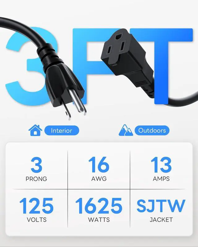 Alt view image 2 of 7 - 3FT Short 3 Prong Extension Cord 2 Pack - 16/3 16AWG SJTW, 13A 125V 1625W | Indoor Outdoor Weatherproof Heavy Duty for Laptops, Coffee Makers, Office Home Appliances