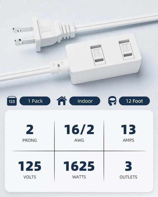Alt view image 3 of 7 - Indoor Extension Cord 12 Ft - White 2-Prong Power Strip with 3 Polarized Outlets & Safety Slide Windows, 16/2 AWG, 13A/1625W for Home, Office & Travel
