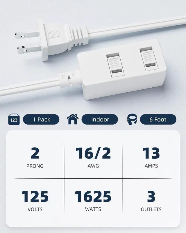 Alt view image 3 of 7 - Indoor Extension Cord - 6 Ft White 2-Prong Power Strip with 3 Polarized Outlets & Safety Slide Windows, 16/2 AWG, 13A/1625W for Home, Office & Travel