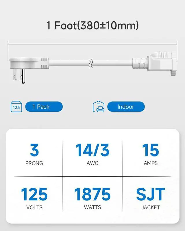 Alt view image 2 of 6 - 1Ft Flat Plug 3-Prong Short Extension Cord 1-Pack White 14 AWG 15A 1875W
