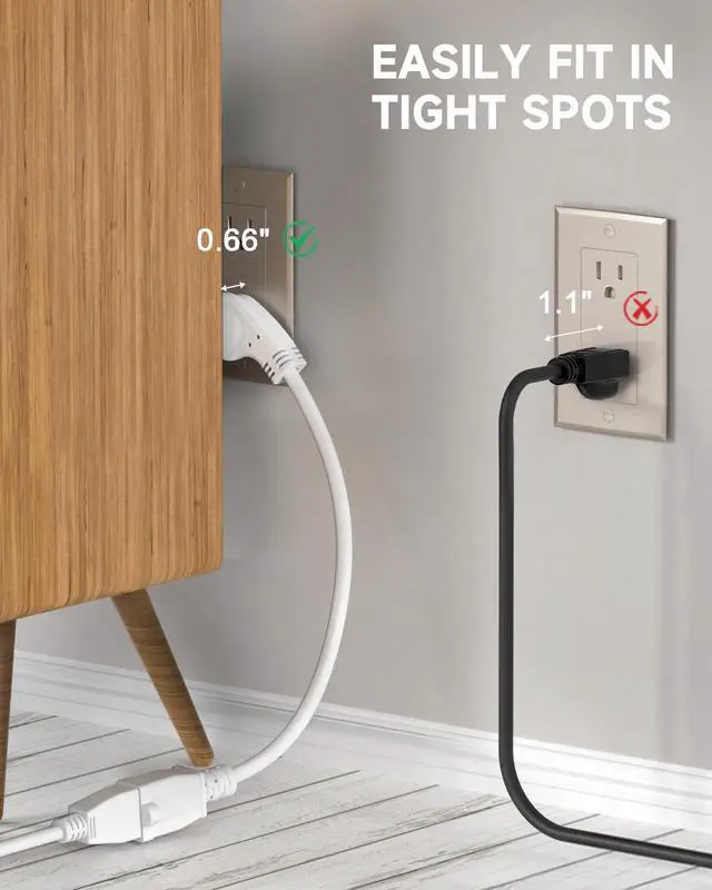 Alt view image 4 of 6 - 1Ft Flat Plug 3-Prong Short Extension Cord 1-Pack White 14 AWG 15A 1875W
