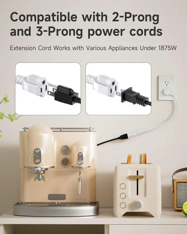 Alt view image 6 of 6 - 1Ft Flat Plug 3-Prong Short Extension Cord 1-Pack White 14 AWG 15A 1875W