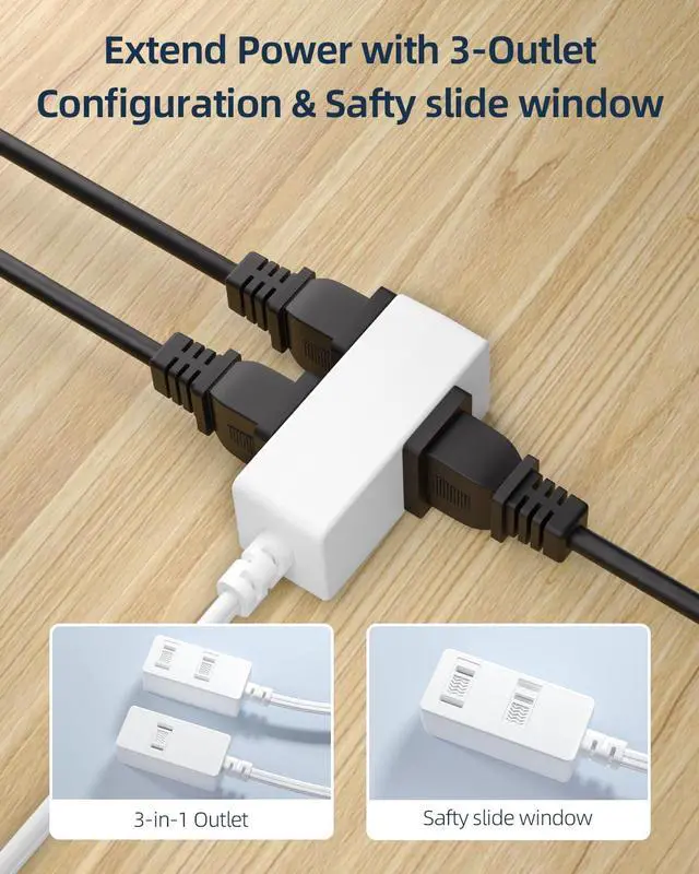 Alt view image 2 of 7 - Indoor Extension Cord 12 Ft - White 2-Prong Power Strip with 3 Polarized Outlets & Safety Slide Windows, 16/2 AWG, 13A/1625W for Home, Office & Travel