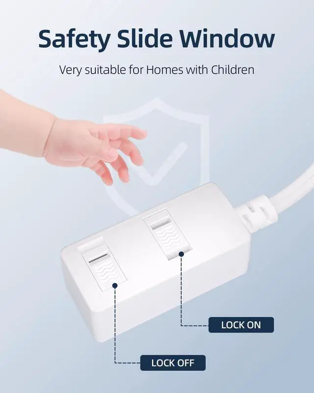 Alt view image 4 of 7 - Indoor Extension Cord 12 Ft - White 2-Prong Power Strip with 3 Polarized Outlets & Safety Slide Windows, 16/2 AWG, 13A/1625W for Home, Office & Travel