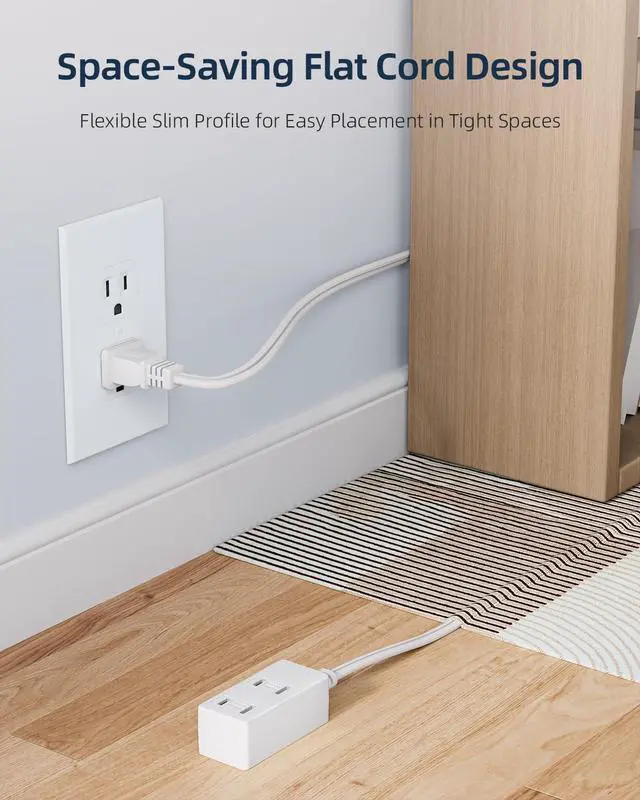 Alt view image 5 of 7 - Indoor Extension Cord 12 Ft - White 2-Prong Power Strip with 3 Polarized Outlets & Safety Slide Windows, 16/2 AWG, 13A/1625W for Home, Office & Travel