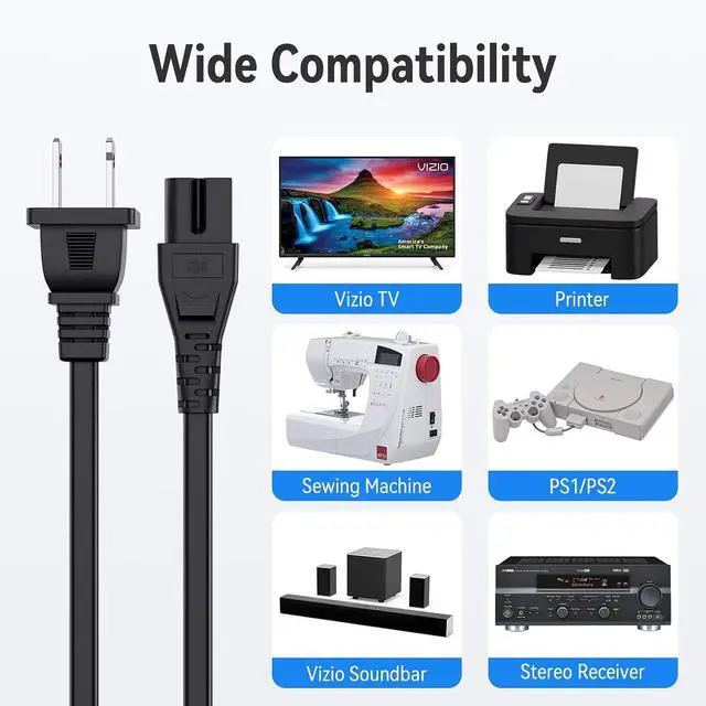 Alt view image 5 of 6 - 2 Prong Polarized Power Cord for Vizio TV Soundbar Replacement 6 Ft