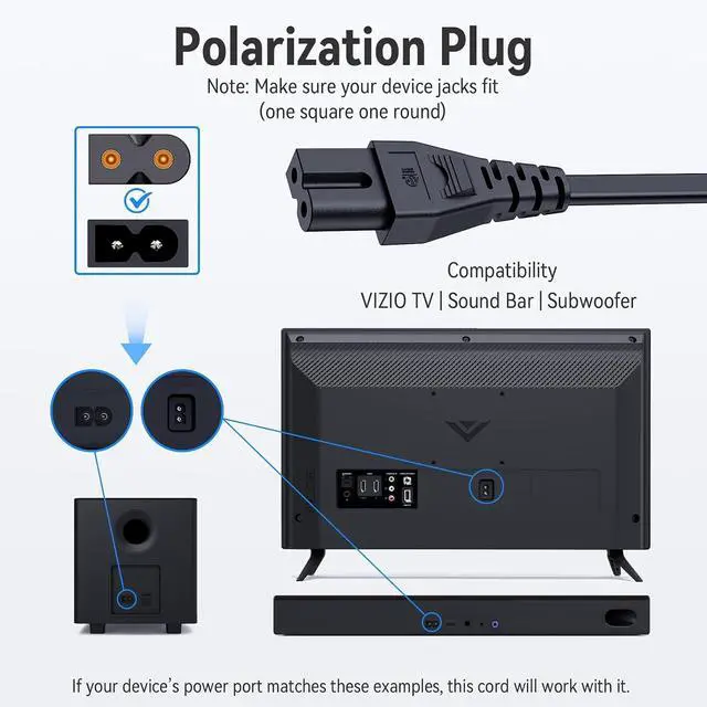 Alt view image 2 of 6 - 2 Prong Polarized Power Cord for Vizio TV Soundbar Replacement 6 Ft
